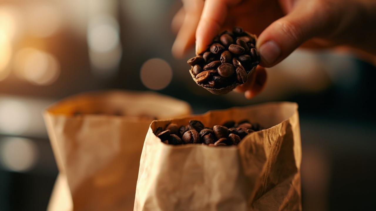 A close-up of fresh coffee beans being scooped from a sealed brown coffee bag with a roast date label visible, warm kitchen lighting