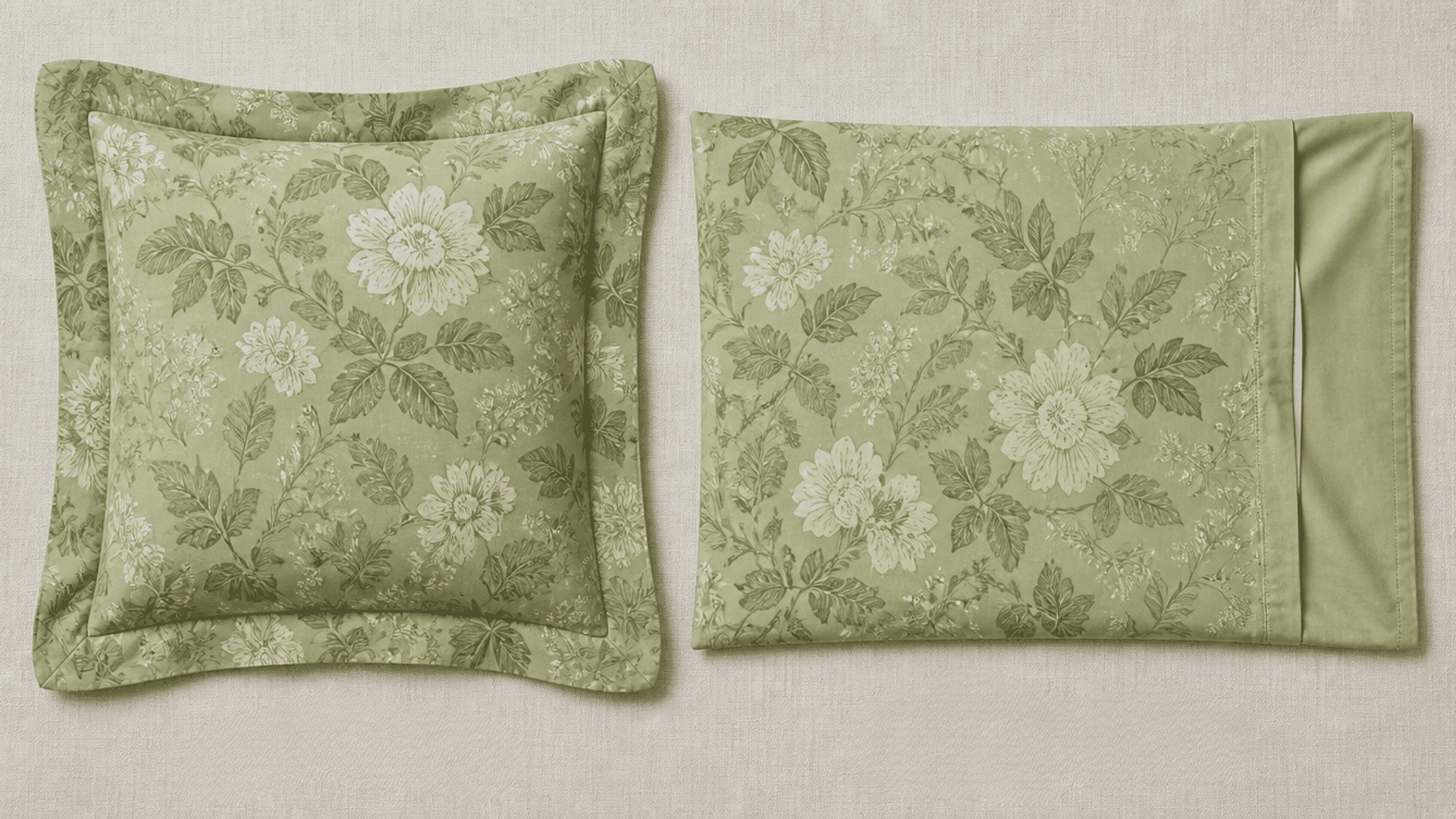A decorative sham and a regular pillowcase placed side by side on a made bed showing differences in closure and design.