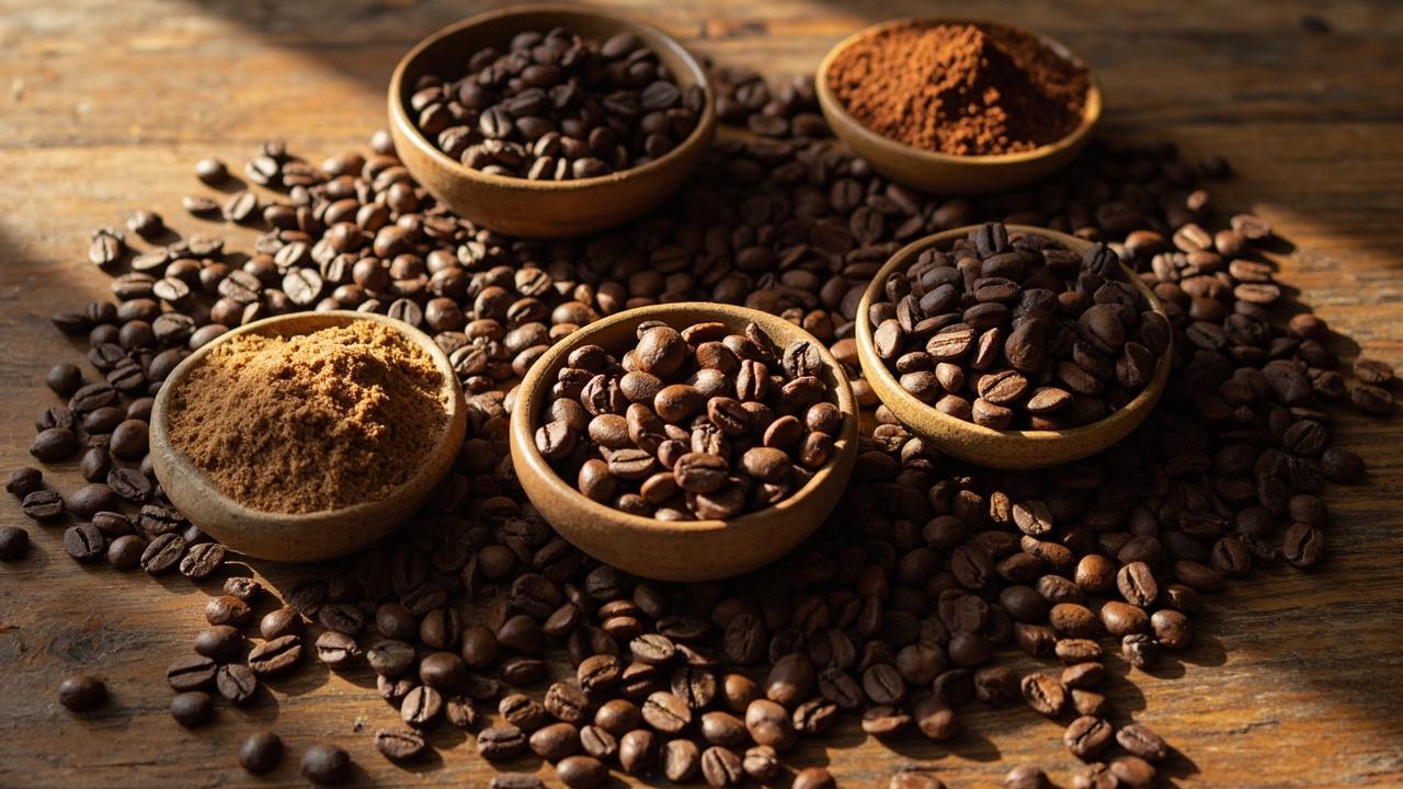 A flat-lay of whole coffee beans in three small bowls labeled light, medium, and dark roast, with a fourth bowl showing ground coffee, on a wooden surface with morning light