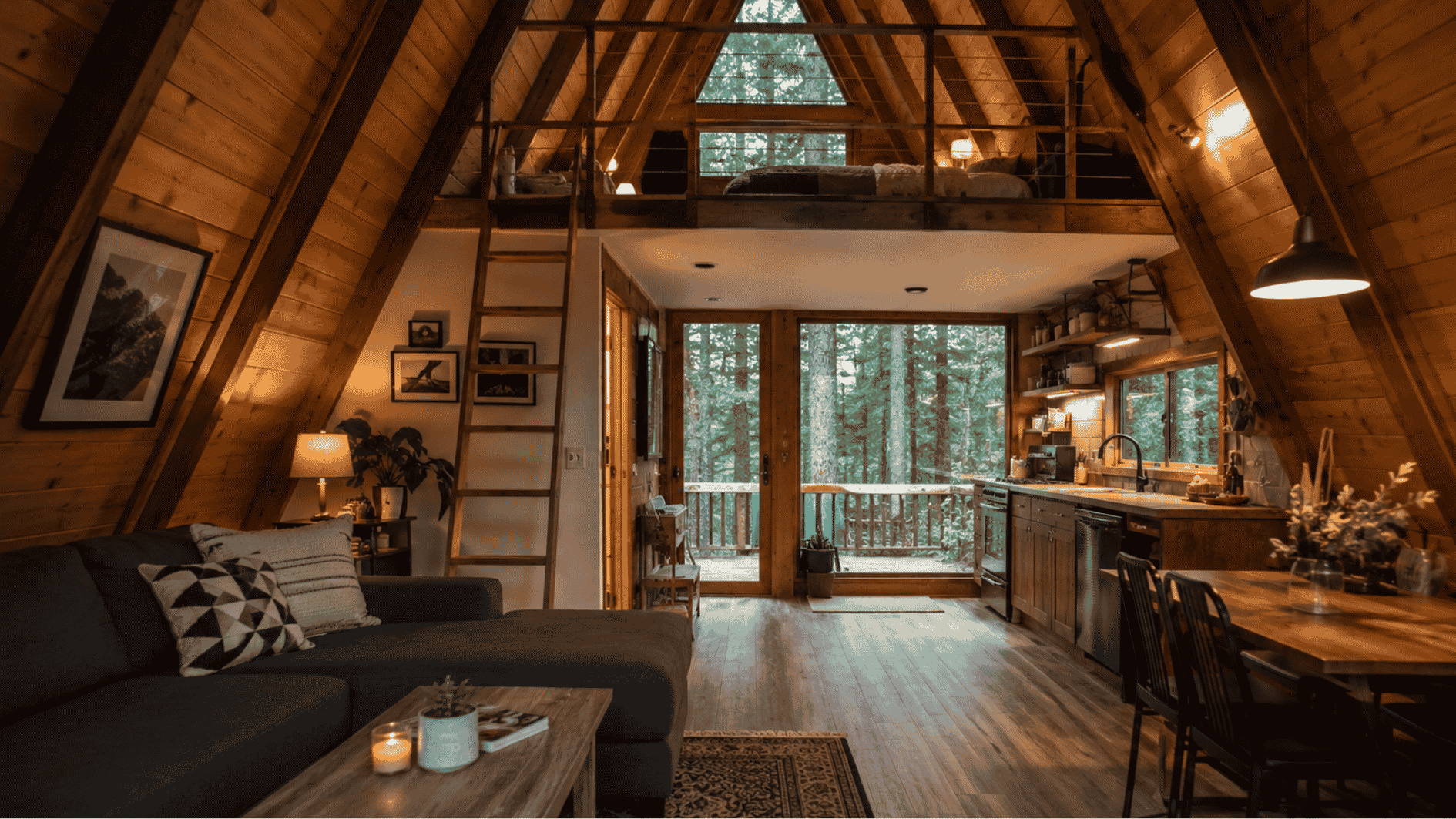 A-frame cabin interior with sloped wood ceilings, large front windows, loft space, and cozy furniture.