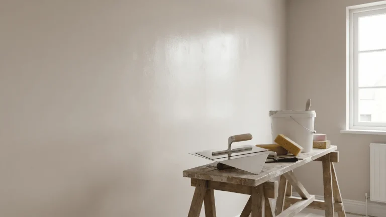 A freshly skim-coated wall with a smooth finish and plaster tools ready for use