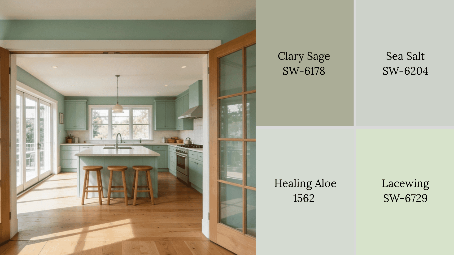 A green kitchen with an island next to four paint swatches: Clary Sage, Sea Salt, Healing Aloe, and Lacewing.