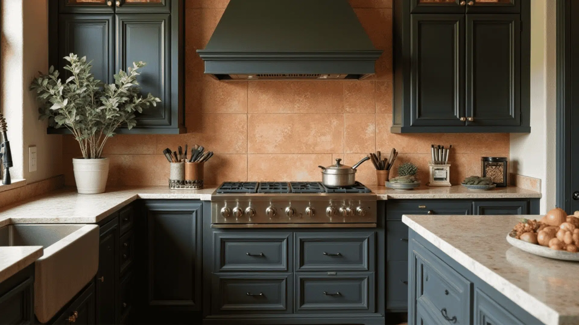 A kitchen with dark grey cabinets, a stainless steel range, and a terracotta tiled backsplash.