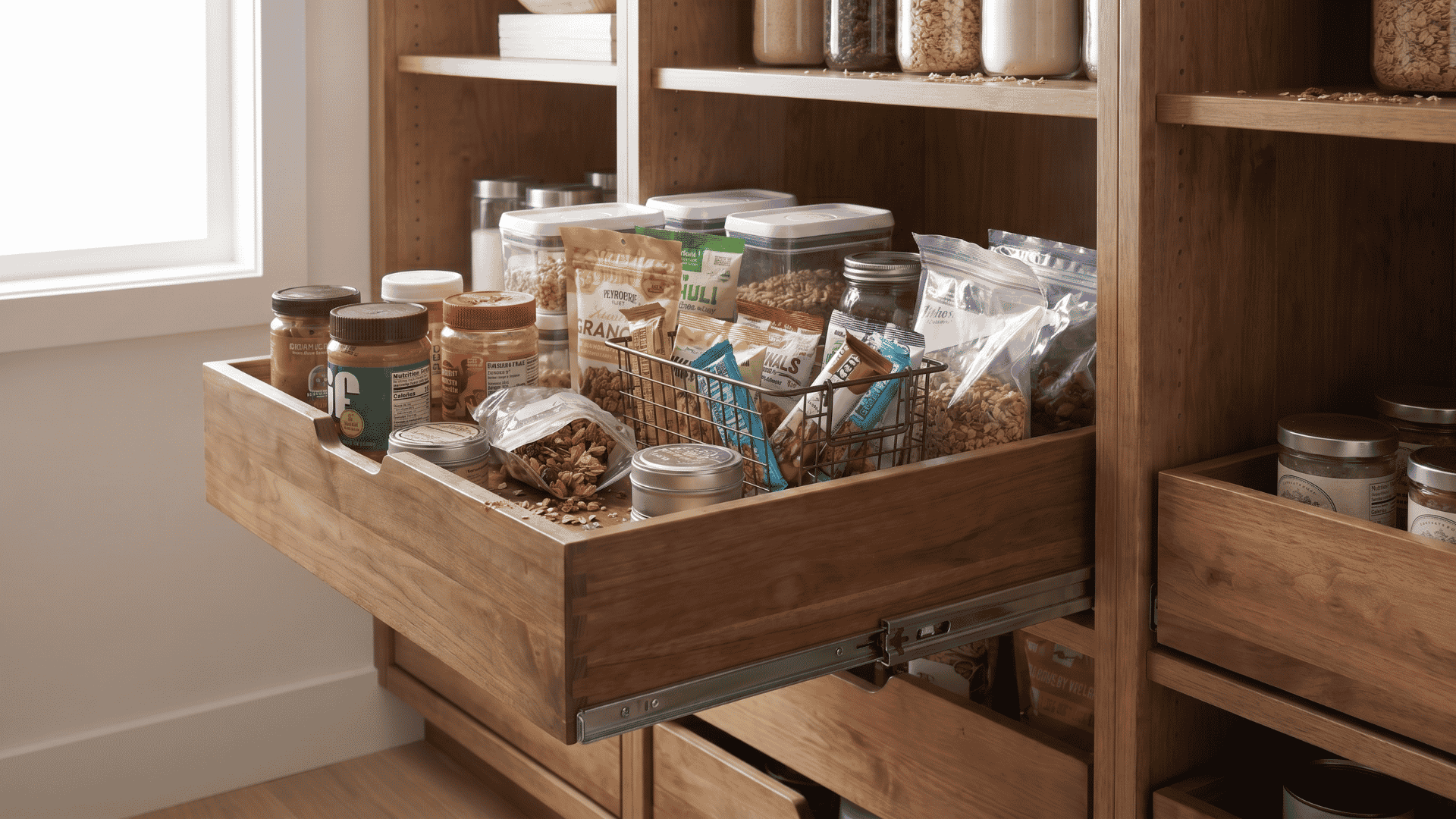 A pull-out wooden pantry drawer filled with jars, snack bags, and a wire basket of granola bars on metal slides.