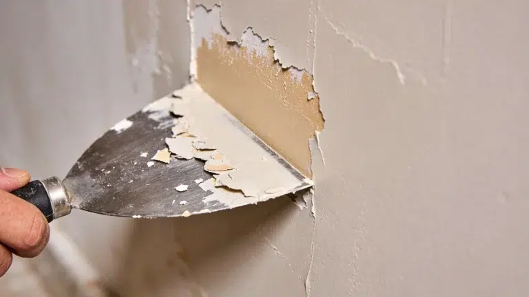 A wall with peeling paint being scraped off, preparing for a fresh coat of primer.