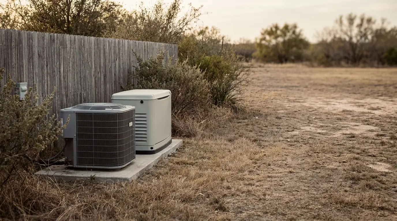 Air conditioning units beside wooden fence in a dry outdoor setting