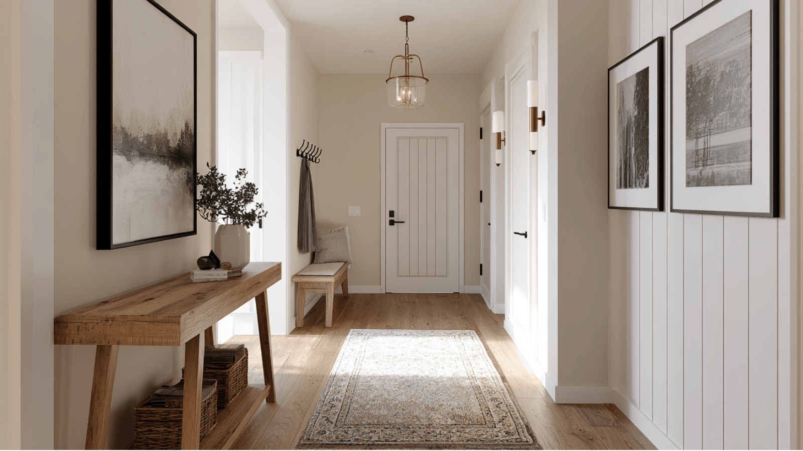 Accessible Beige hallway with wooden console table, warm lighting, and neutral entryway decor