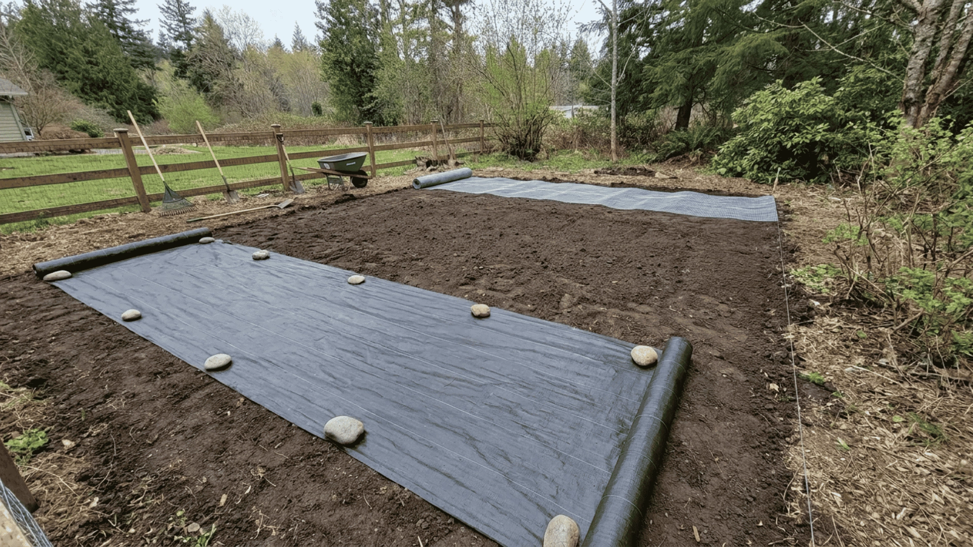 A cleared and leveled garden area with a weed barrier or hardware cloth being laid down at the bottom.