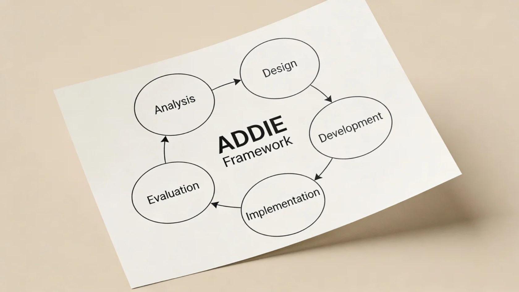 ADDIE framework diagram showing five connected phases from analysis to evaluation