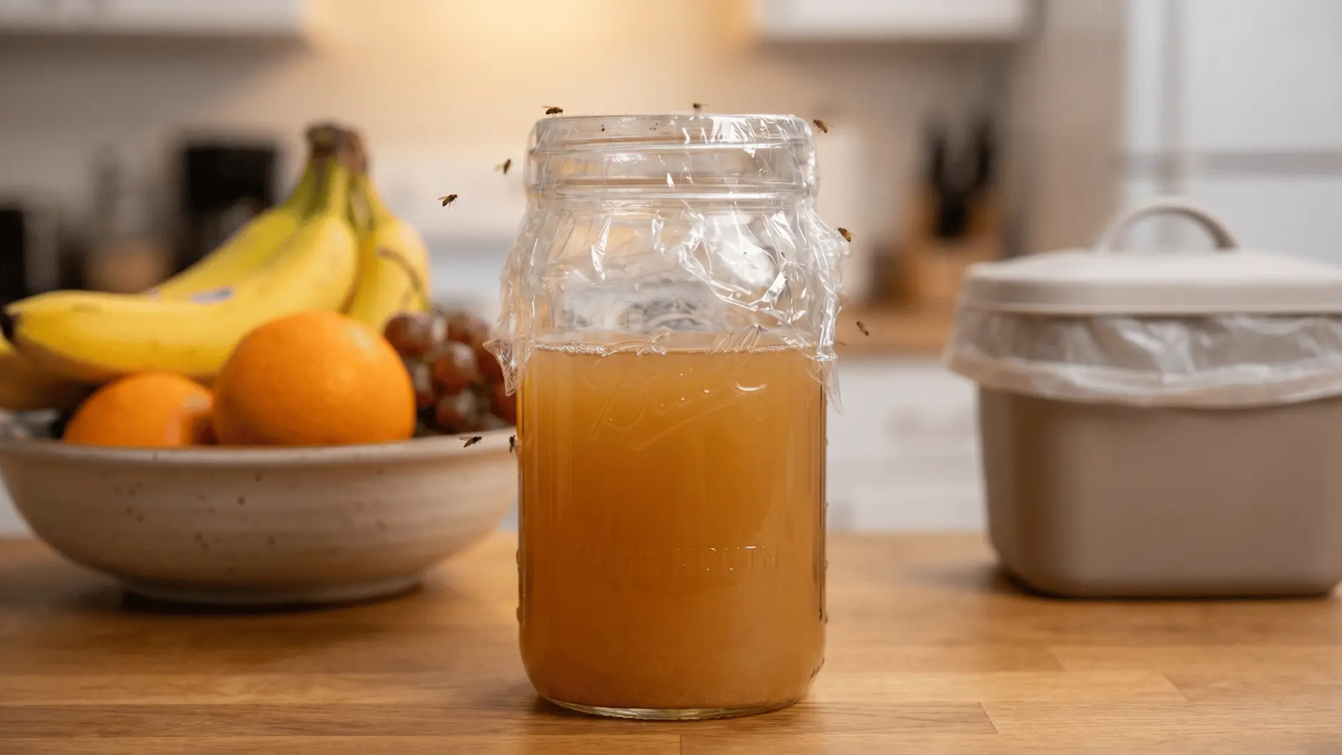 A fruit fly trap made with apple cider vinegar, dish soap, and plastic wrap, placed near a fruit bowl in a kitchen setting.