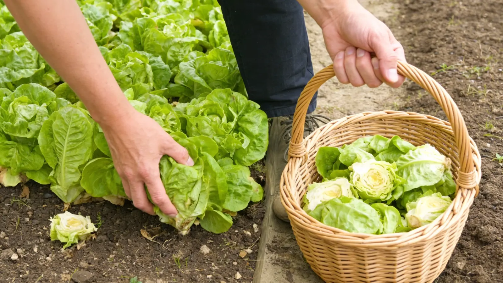 A looseleaf lettuce plant with outer leaves removed and the center crown left intact in a garden bed.