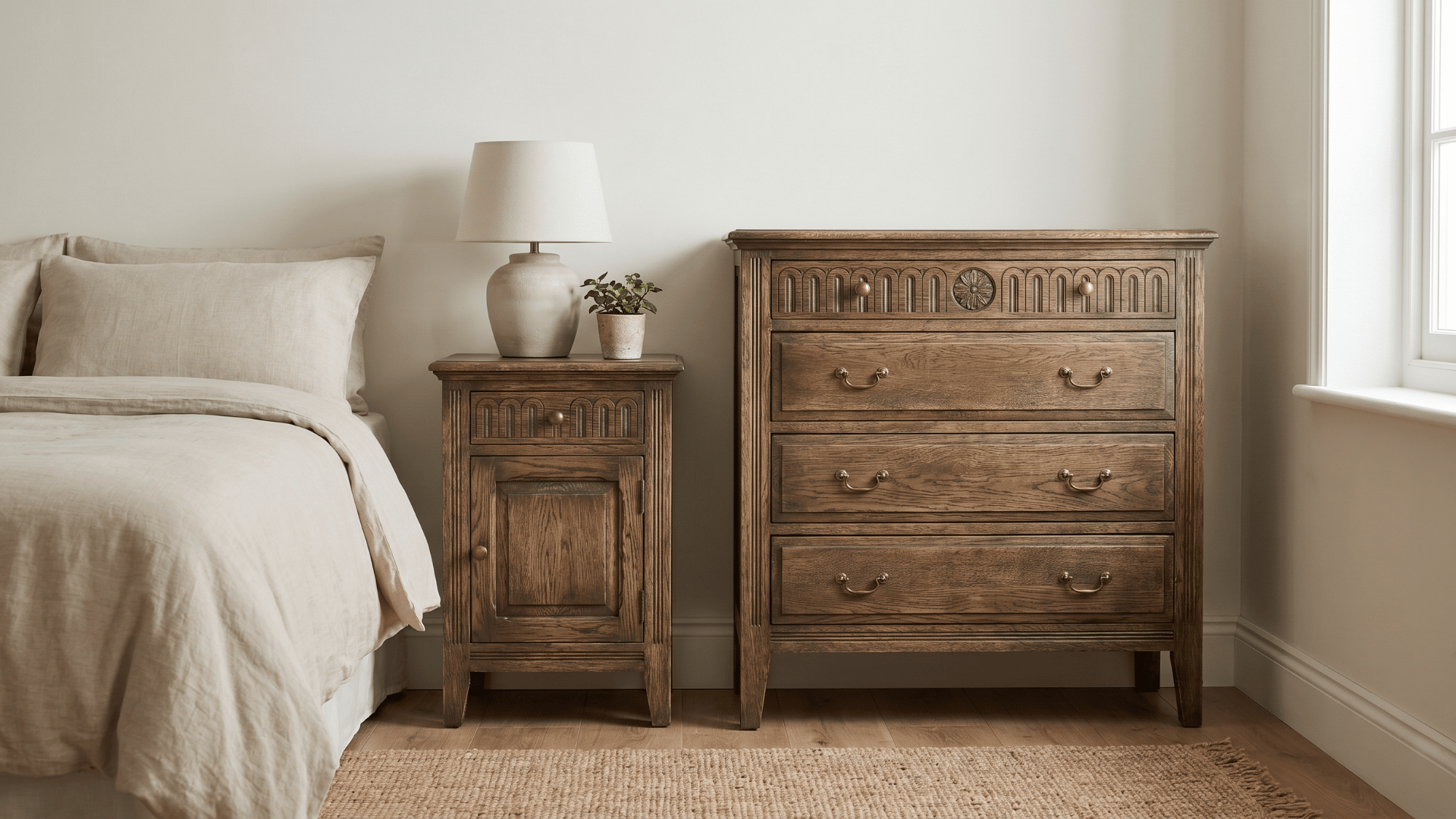Antique-style nightstand and dresser with wood detailing in a simple bedroom