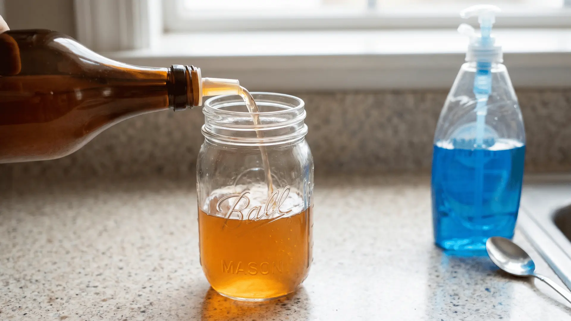Apple cider vinegar being poured into a small jar with dish soap nearby.