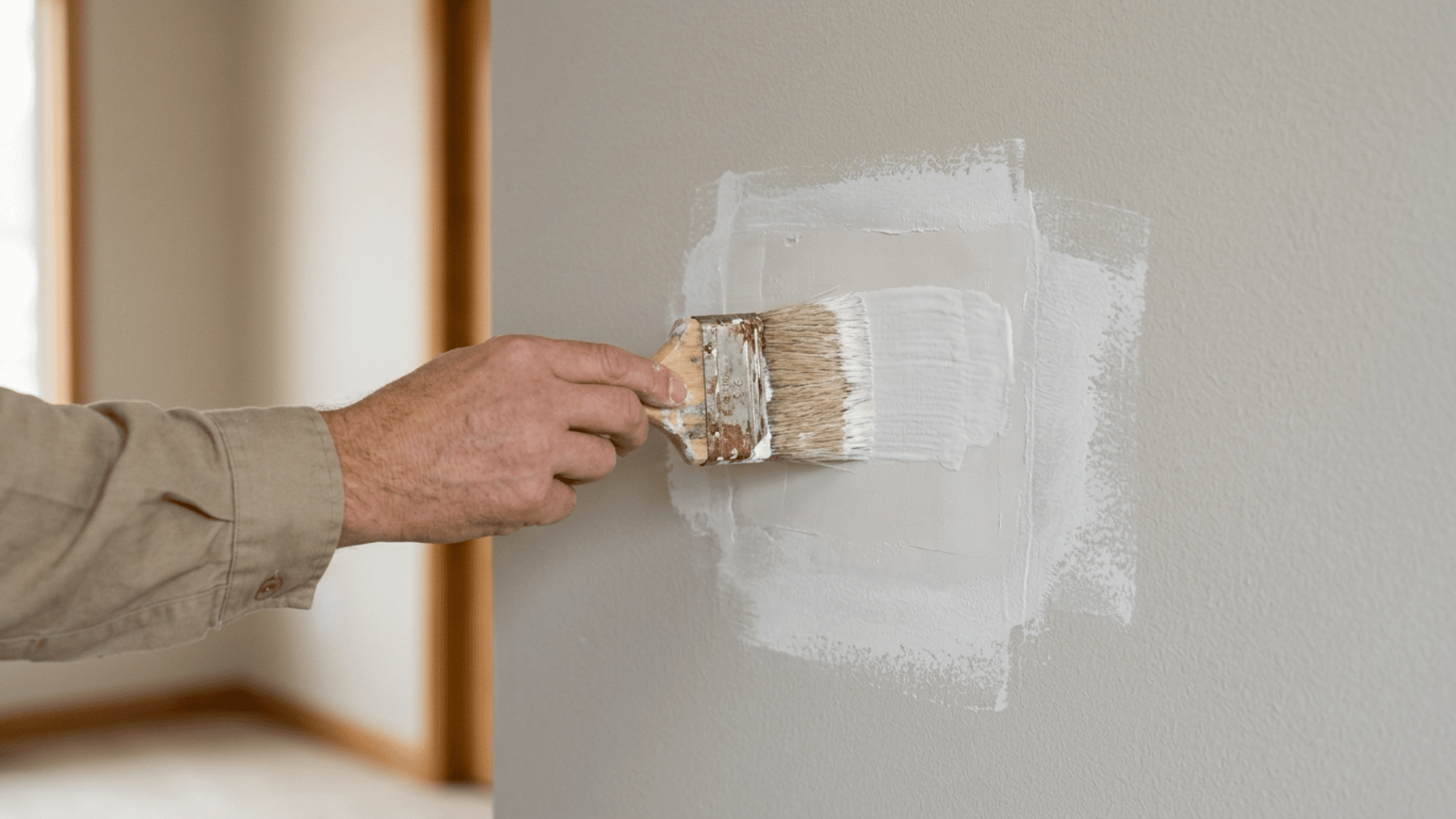 Hand applying primer with a brush over a patched wall area, blending edges into surrounding wall