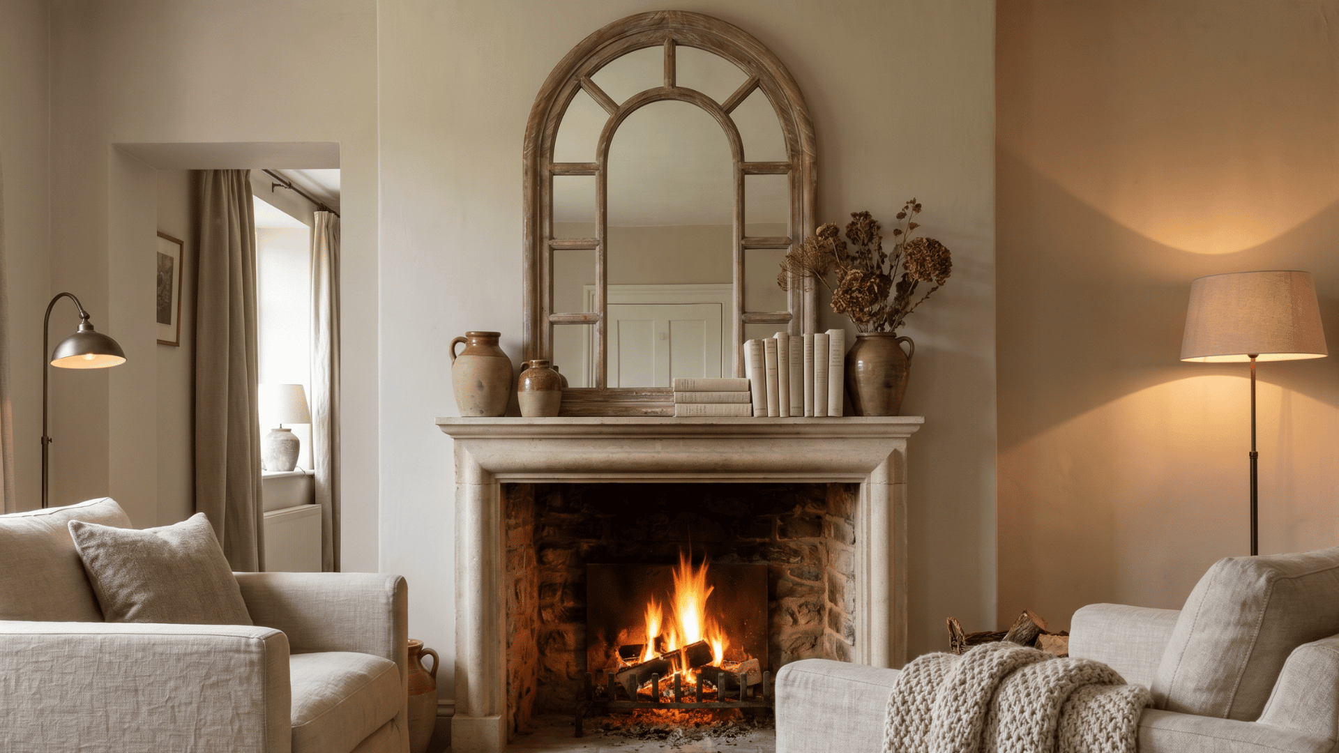 Arched mirror above a rustic brick fireplace with warm wood decor