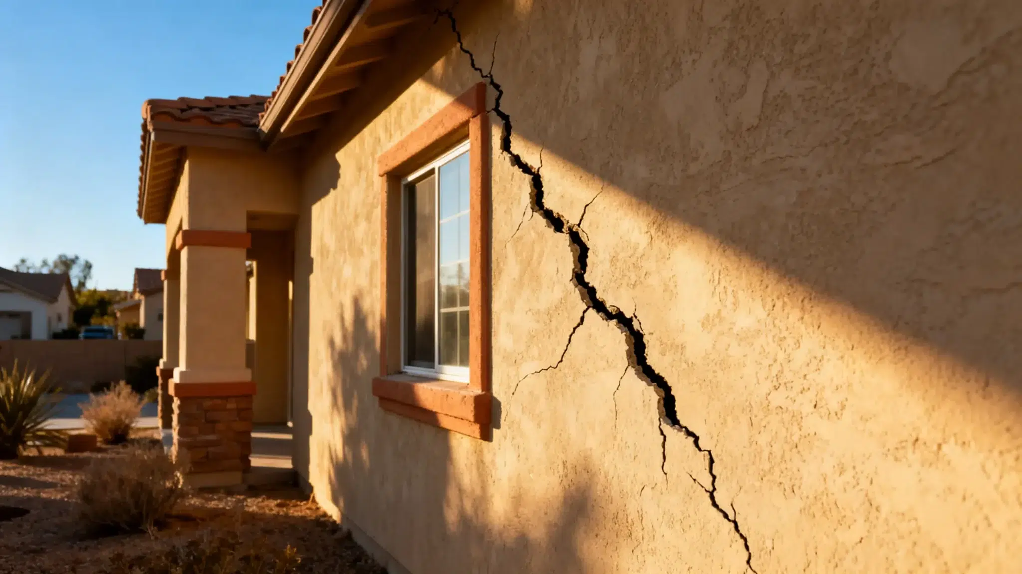 Cracked exterior wall of a stucco house under afternoon sunlight in a desert-like setting