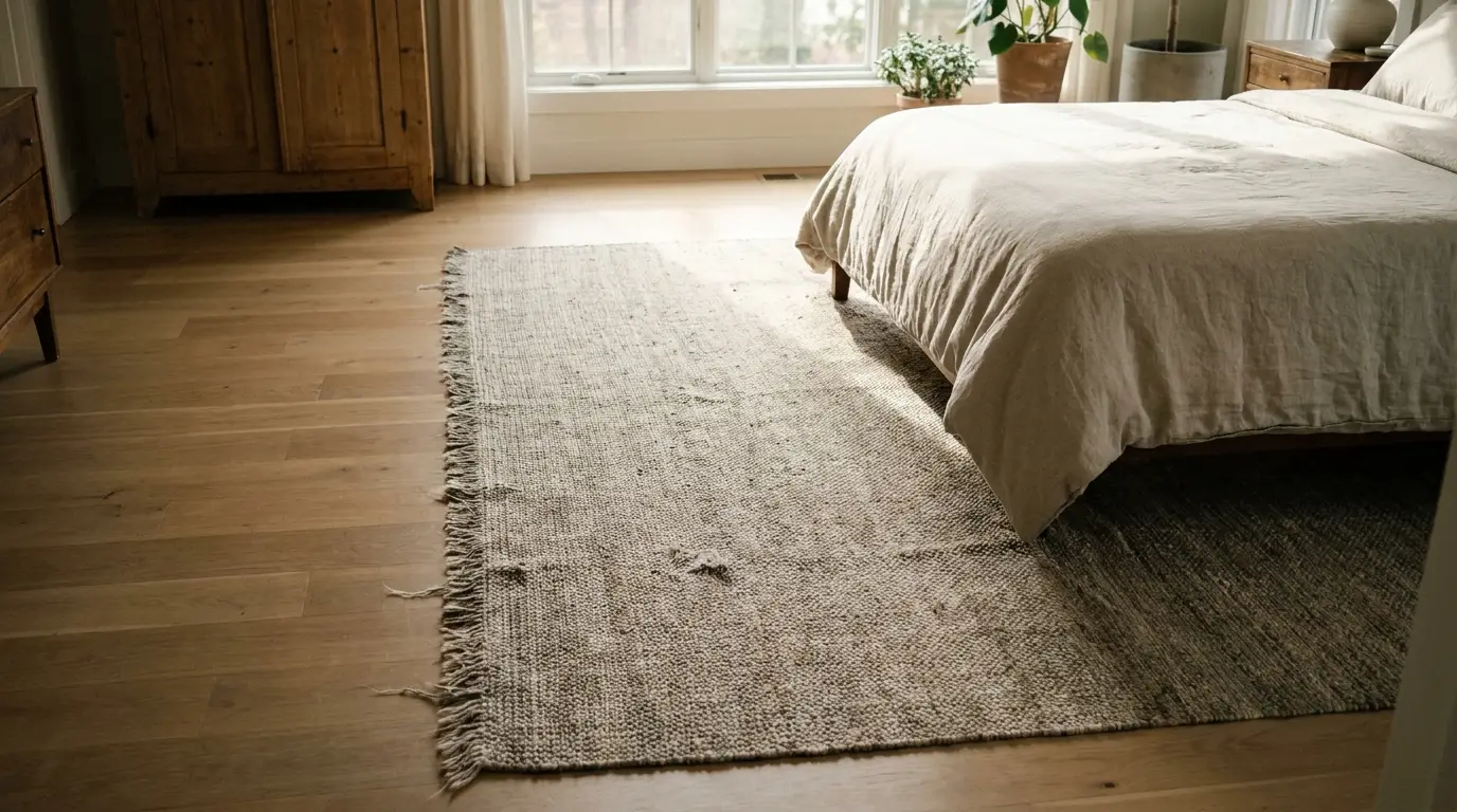 Cozy bedroom with beige linens, woven rug, and wooden furniture near a large window