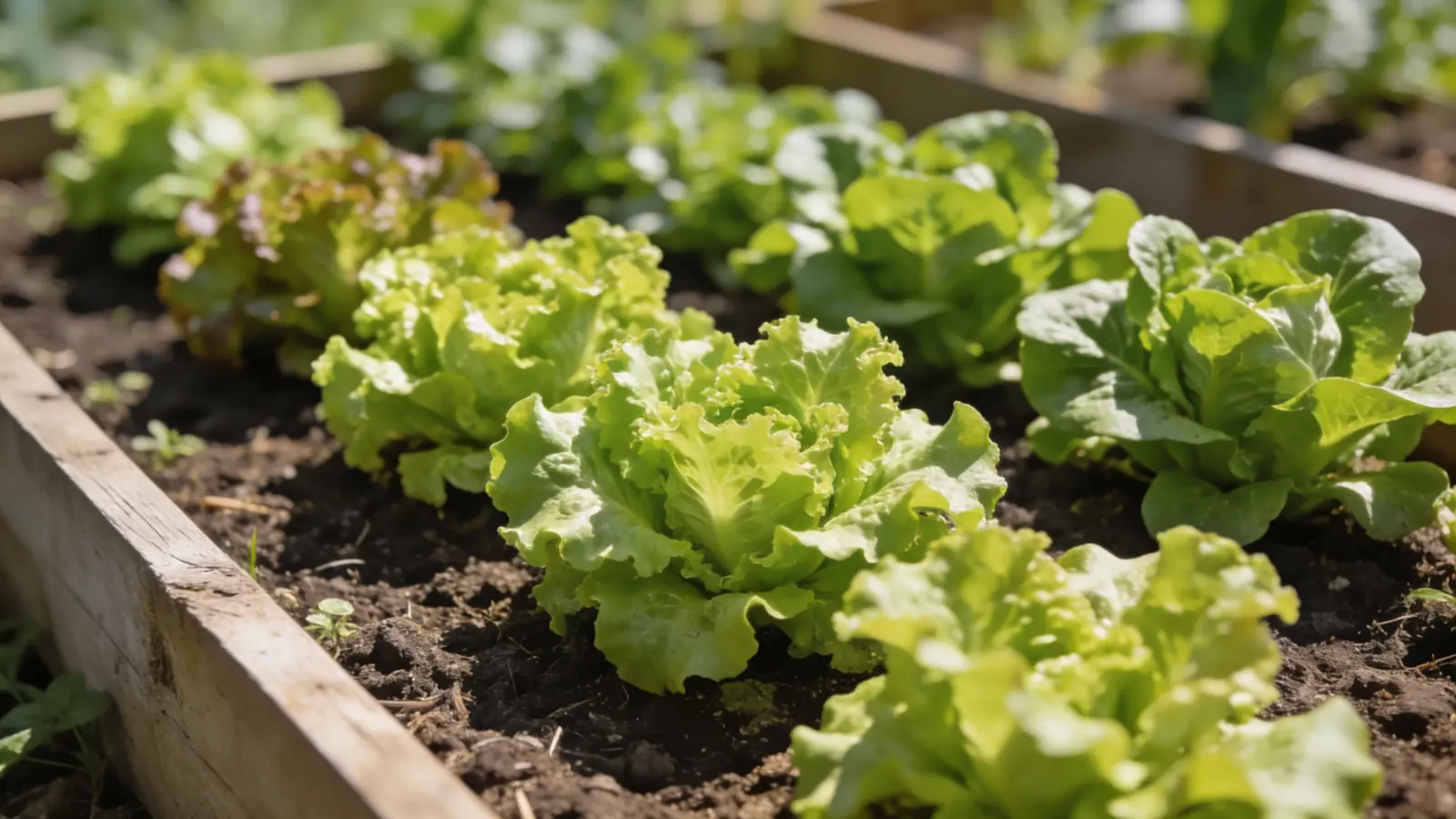 A row of looseleaf lettuce plants at different growth stages growing in a garden bed.