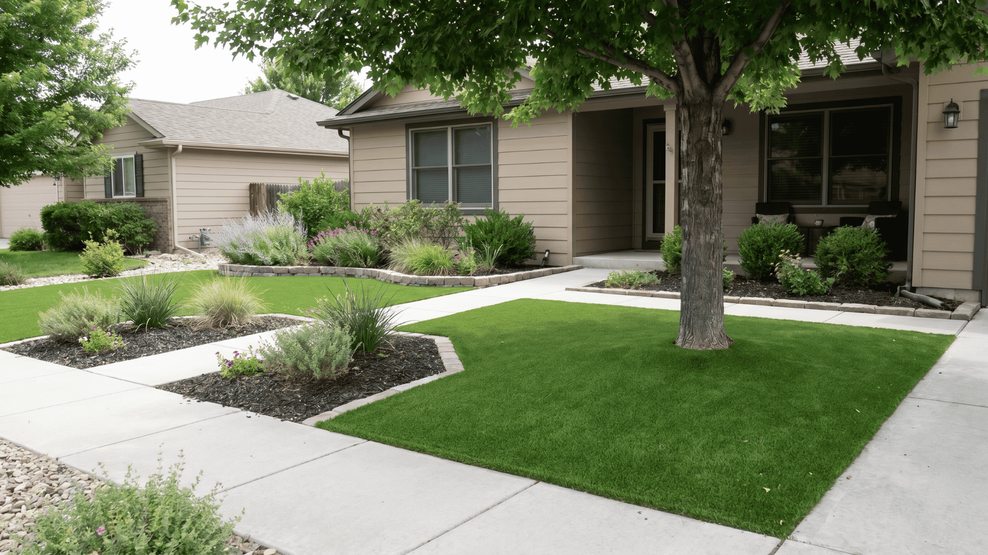 Artificial grass patch replacing sparse lawn in a front yard.