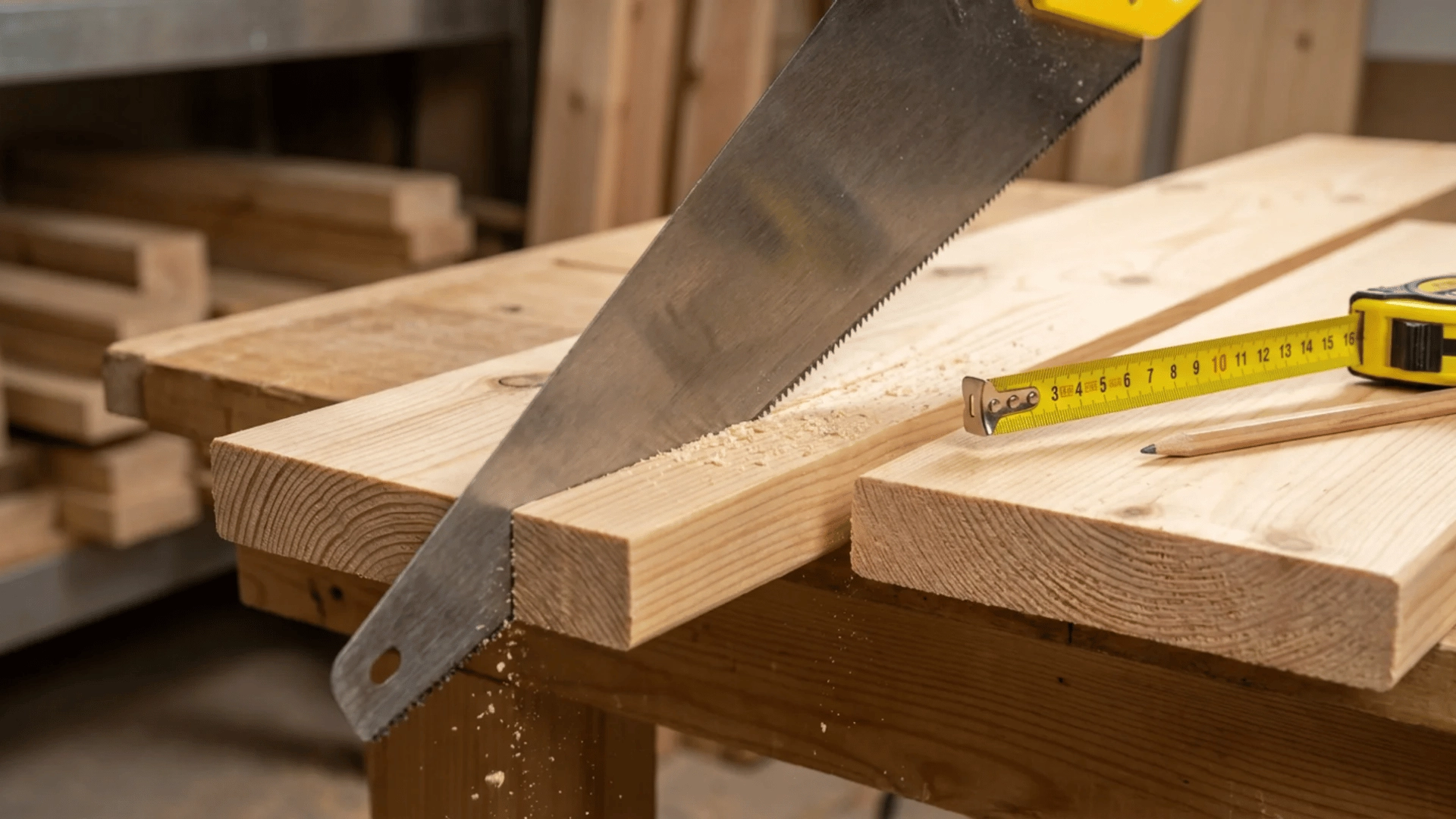 A saw cutting through a wooden plank with measuring tape and pencil nearby for accurate measurements.