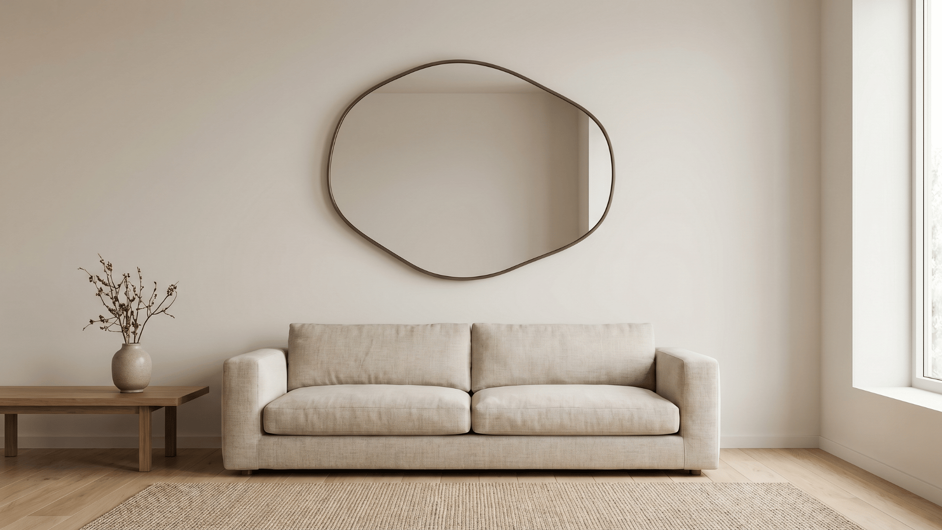 Asymmetrical mirror on a minimalist living room wall