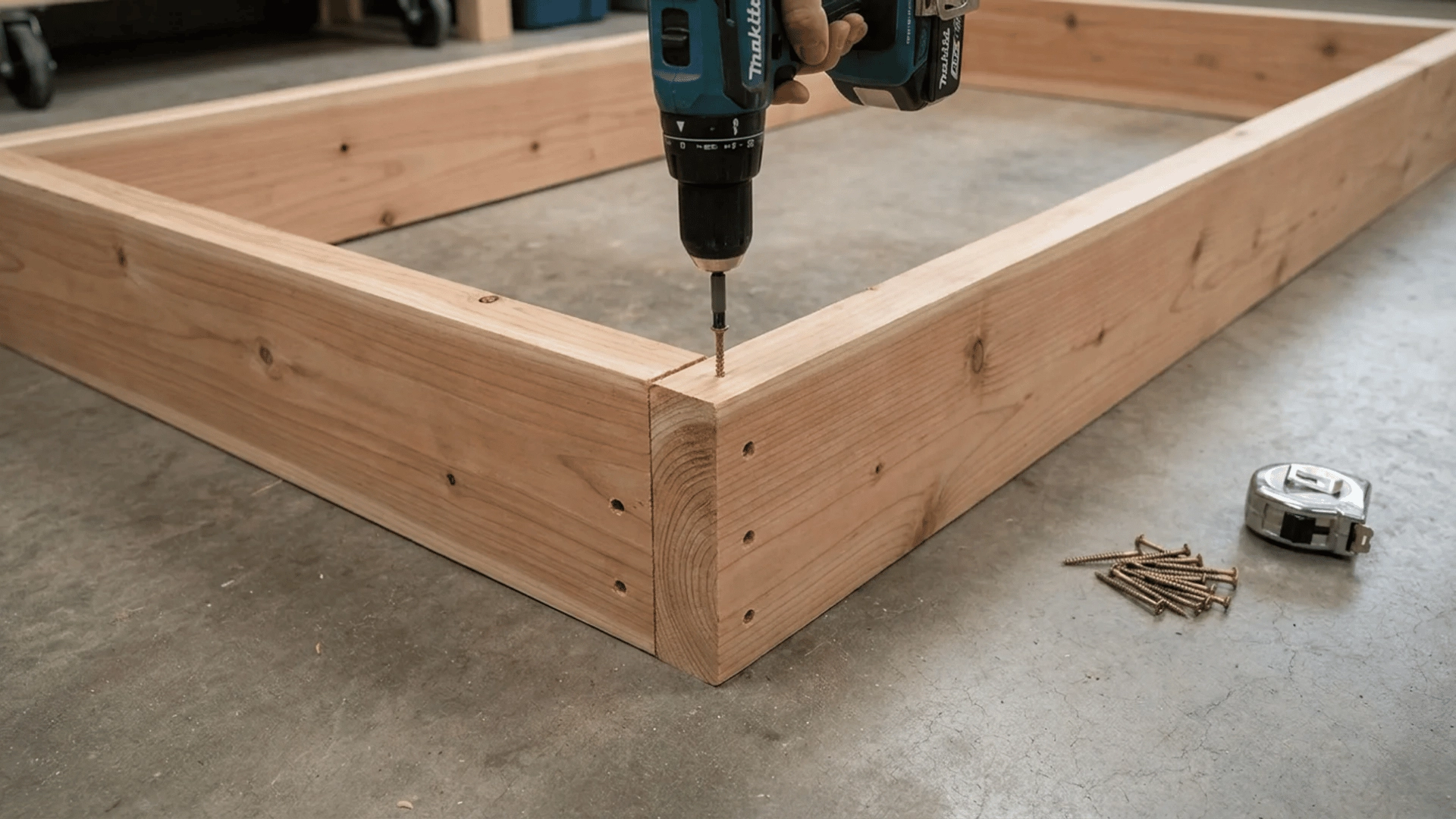 A wooden frame being assembled with screws and a drill securing the corners of the planks.