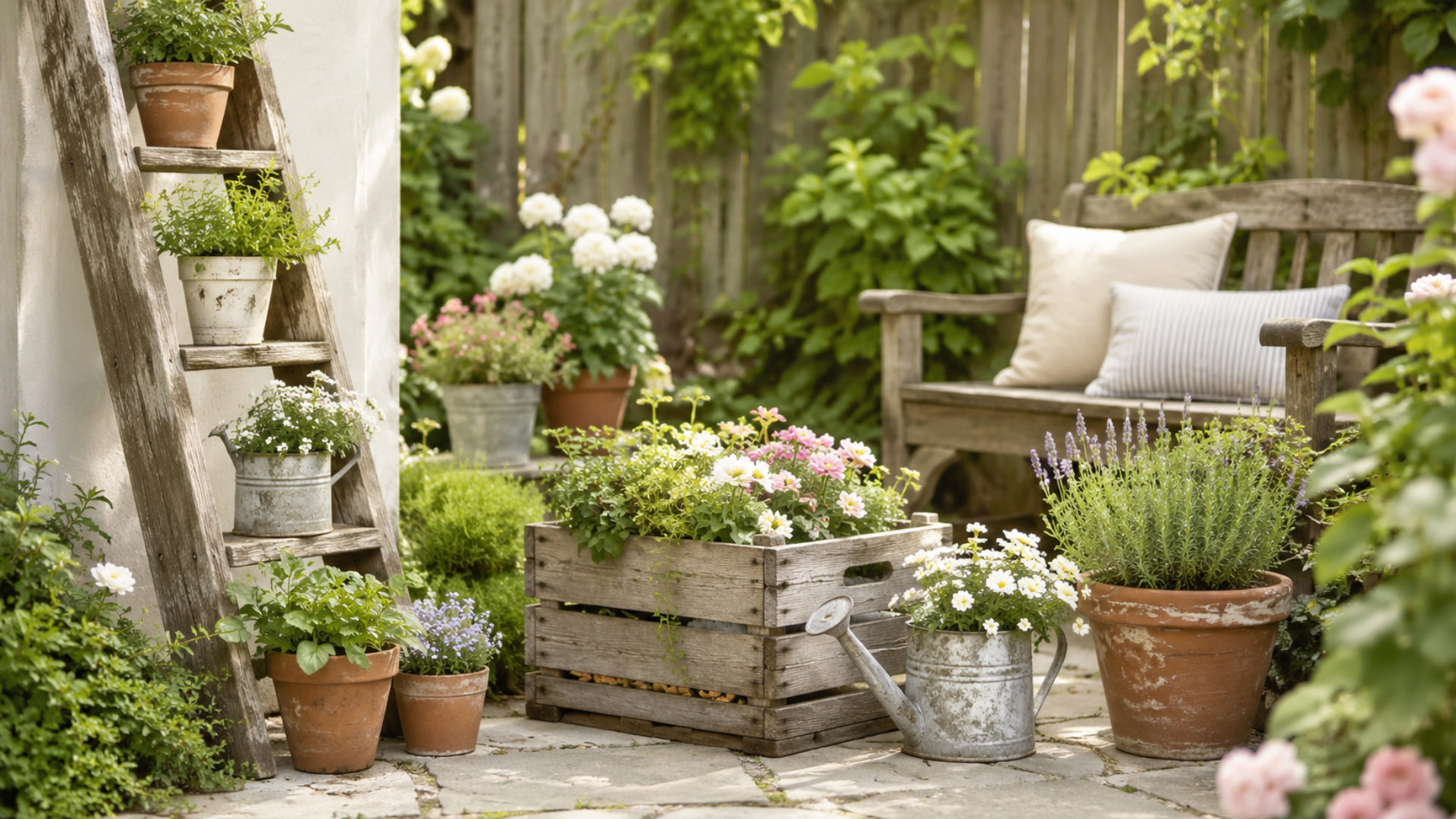 backyard cottage garden with reused pots wooden crate containers and soft flowers