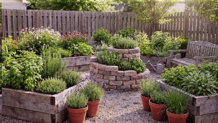 Backyard herb garden with raised beds, an herb spiral, and potted herbs like basil, rosemary, and thyme under a sunny sky.