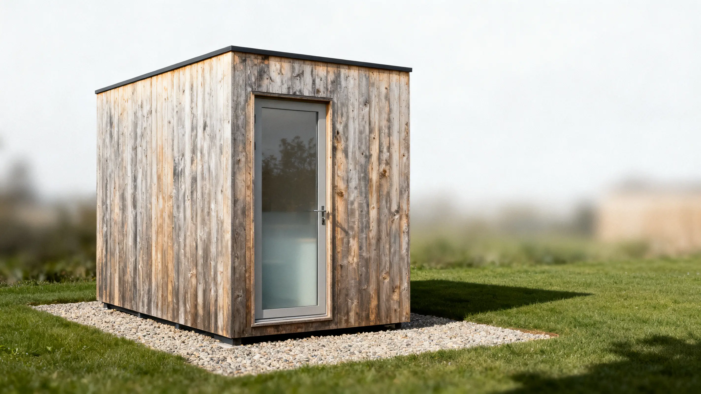 Wooden shed with glass door on grassy lawn in outdoor setting