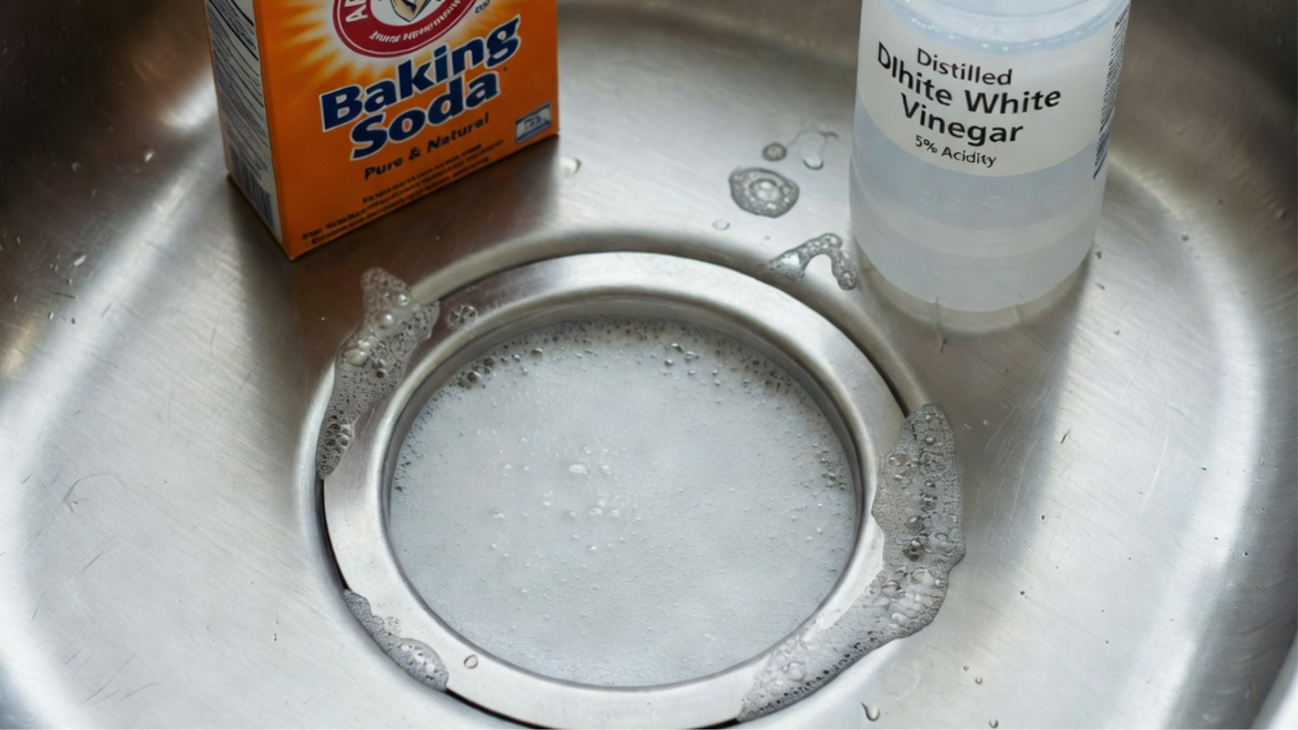 baking soda box and white vinegar bottle inside a stainless steel sink with fizzing drain