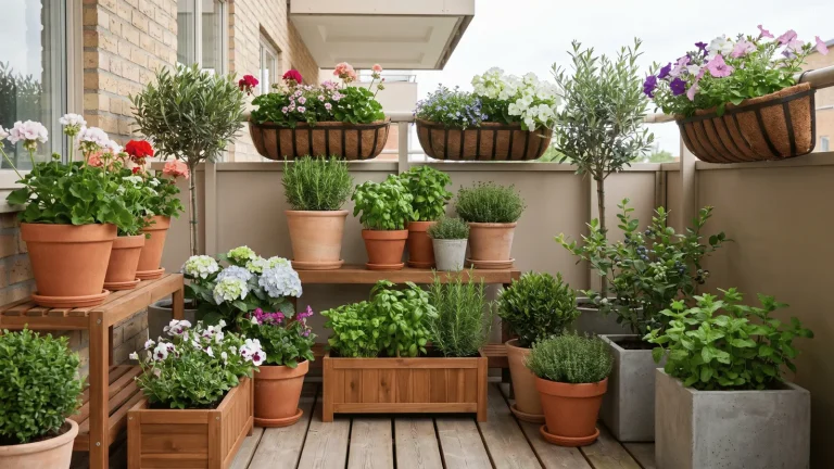 Balcony with assorted pots and planters holding flowers, herbs, and small shrubs
