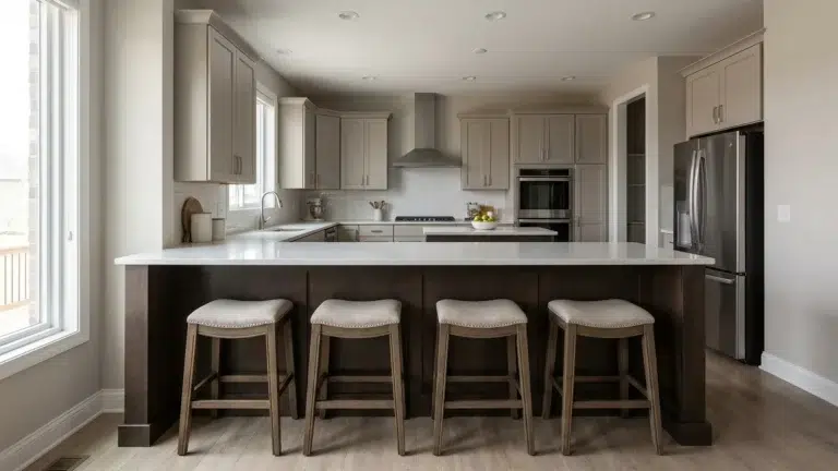 Bar counter with stools arranged at standard height in a kitchen setting