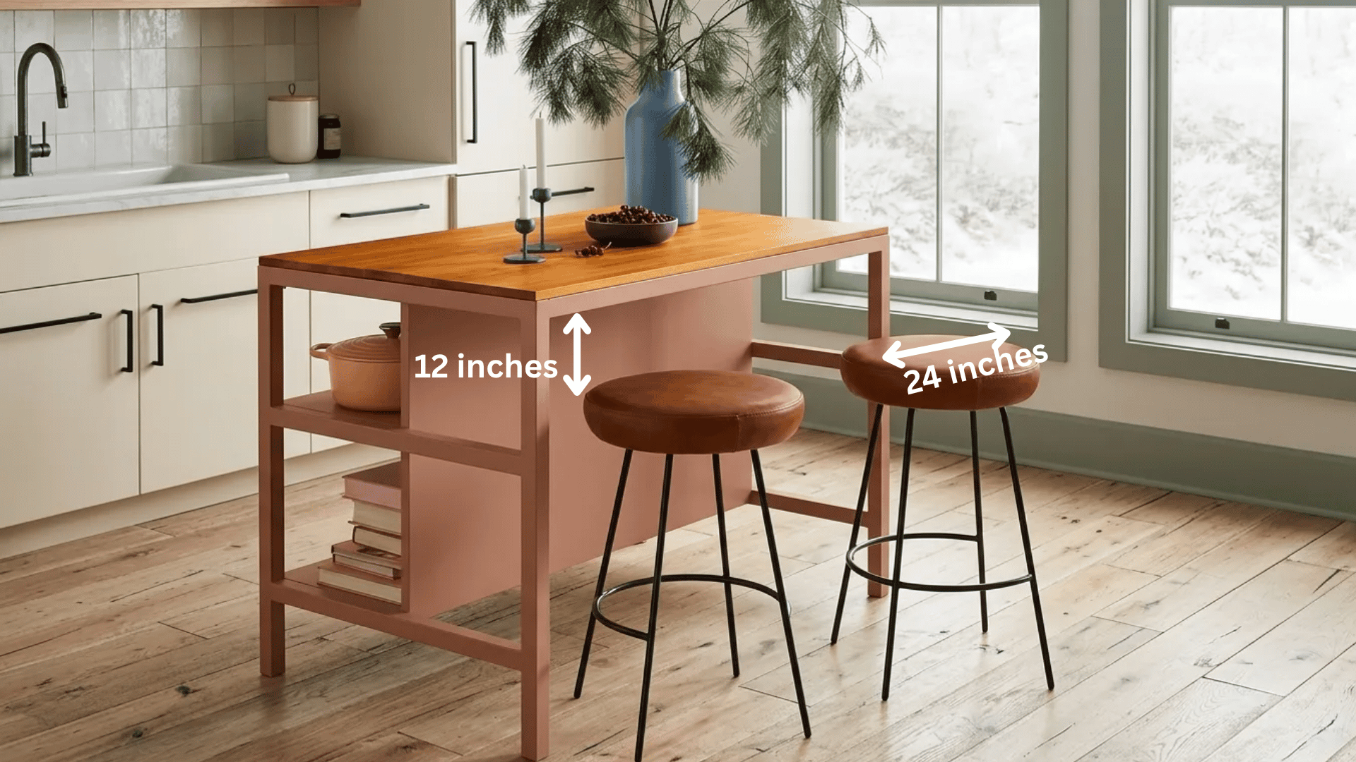 Bar island with two stools showing 12-inch knee clearance under the countertop and 24-inch spacing between two stools.