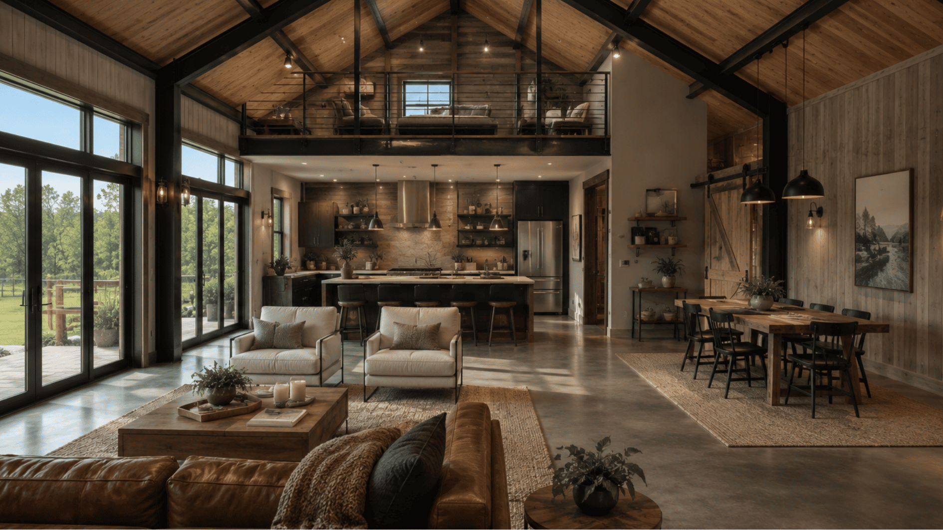 barndominium cabin interior with vaulted ceilings, open layout, rustic wood details, and modern farmhouse furniture.
