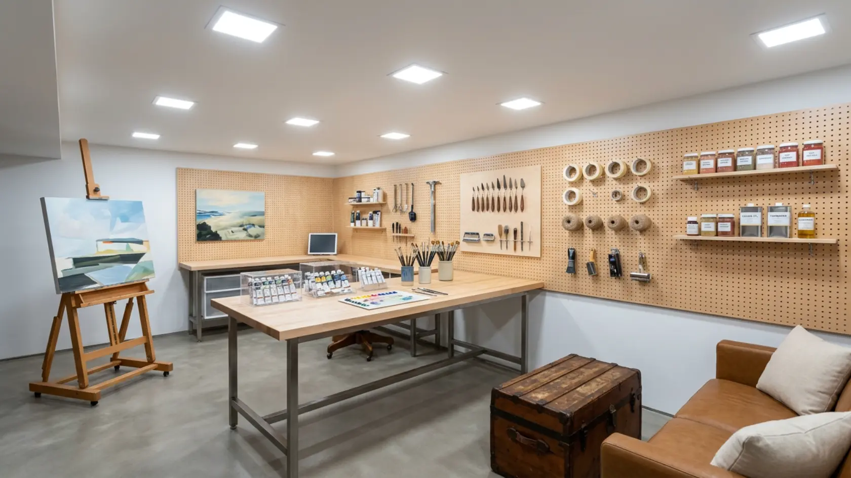 Basement art studio with worktable, paint supplies, pegboard wall, and bright overhead lighting
