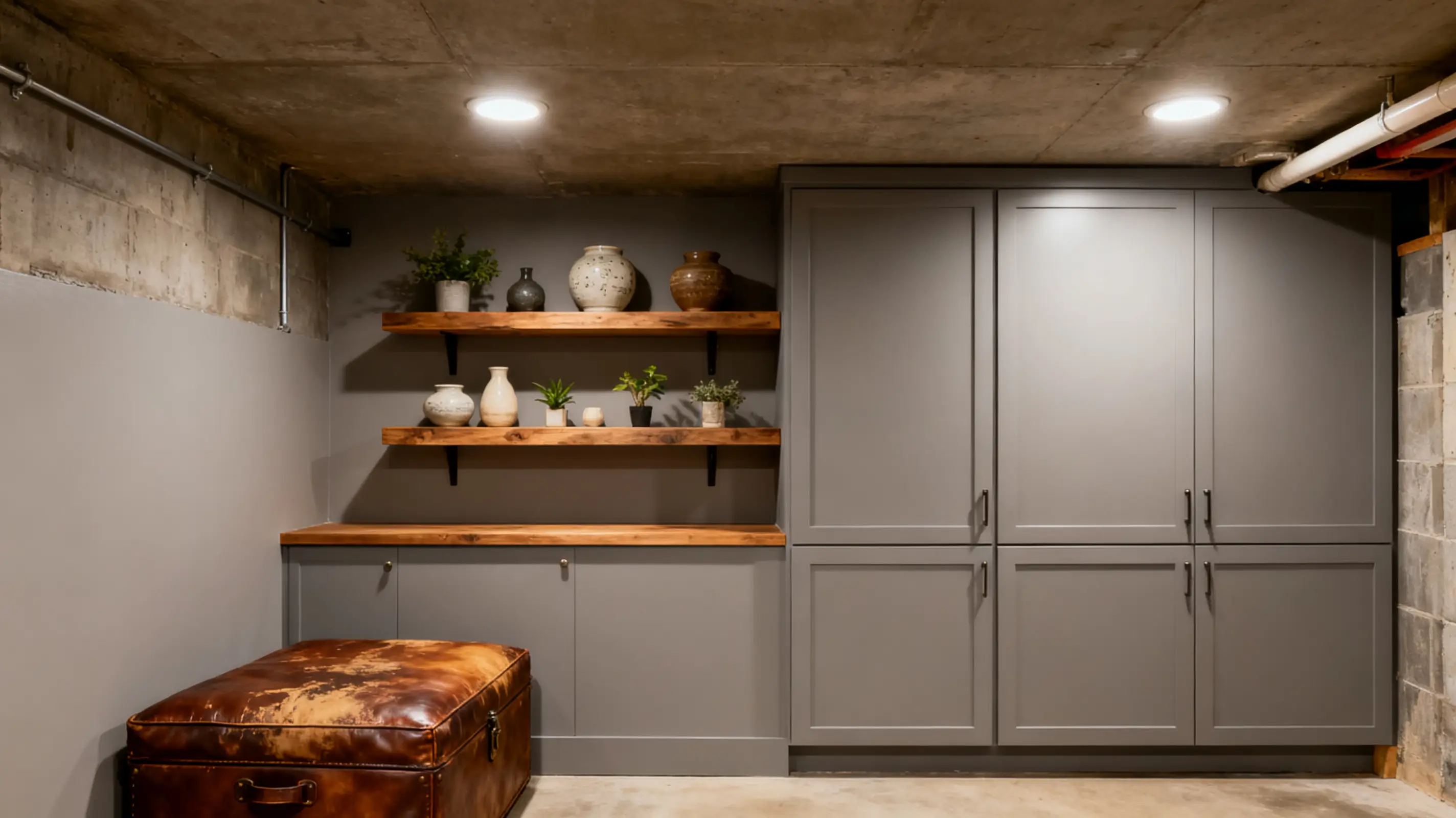 Industrial basement with gray cabinets, wooden shelves holding vases, and a brown leather ottoman