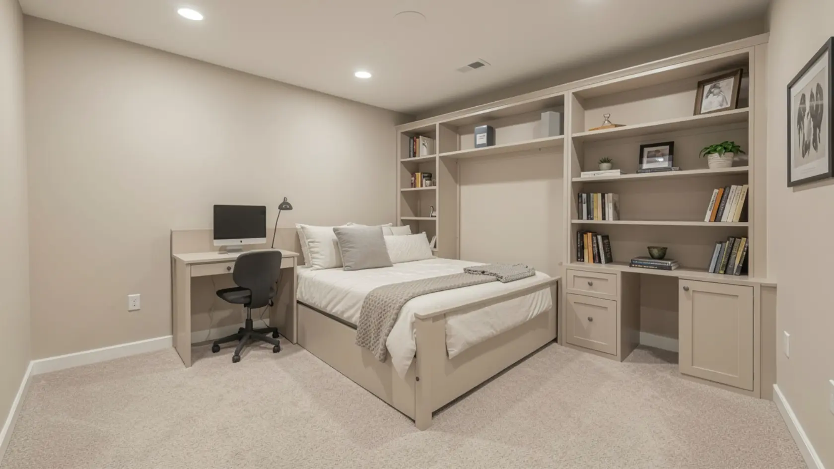 Basement flex room with Murphy bed unit, desk, and built-in shelves in a compact layout