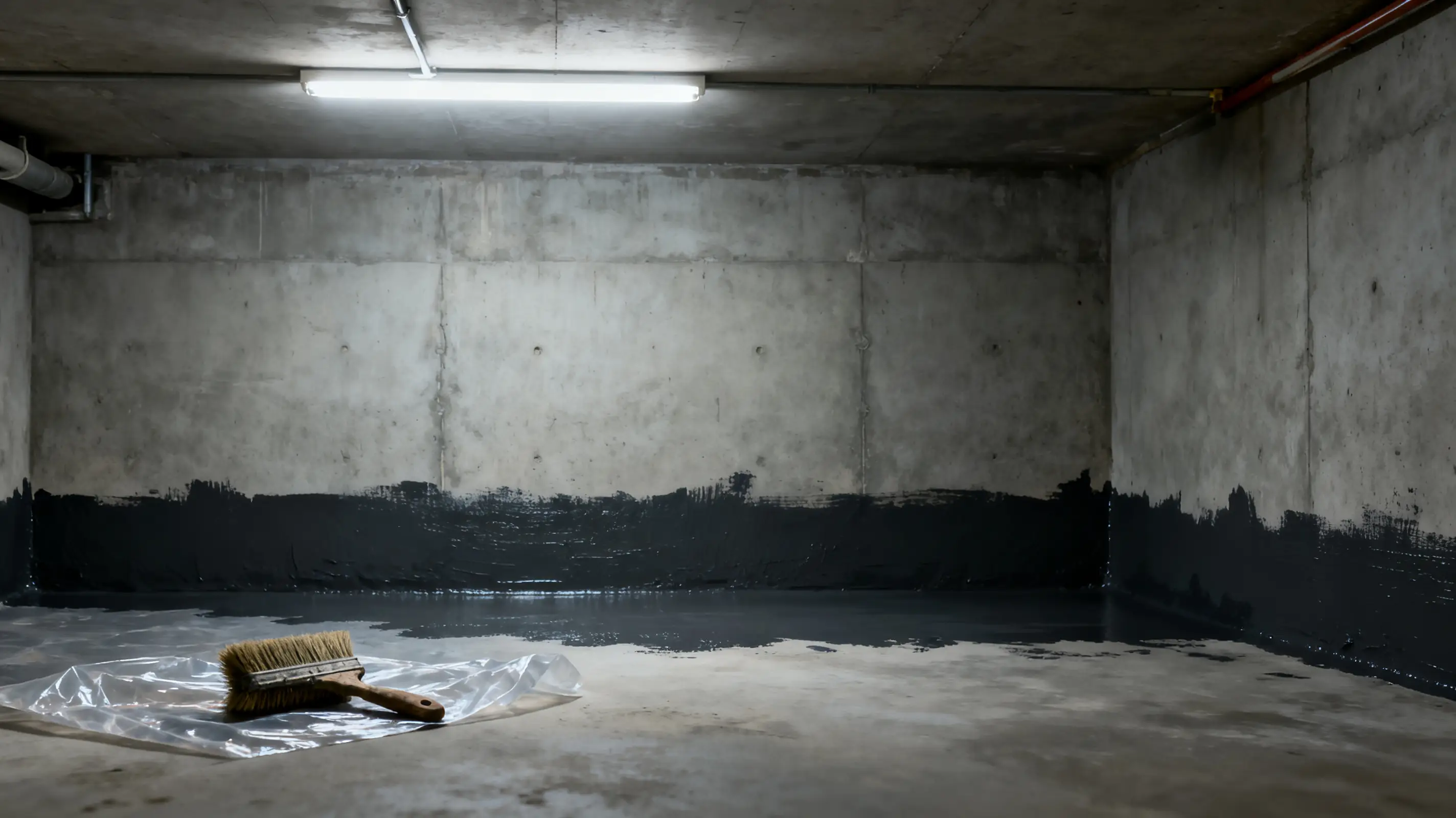 Concrete basement with waterproofing in progress, paintbrush on plastic sheet under fluorescent light