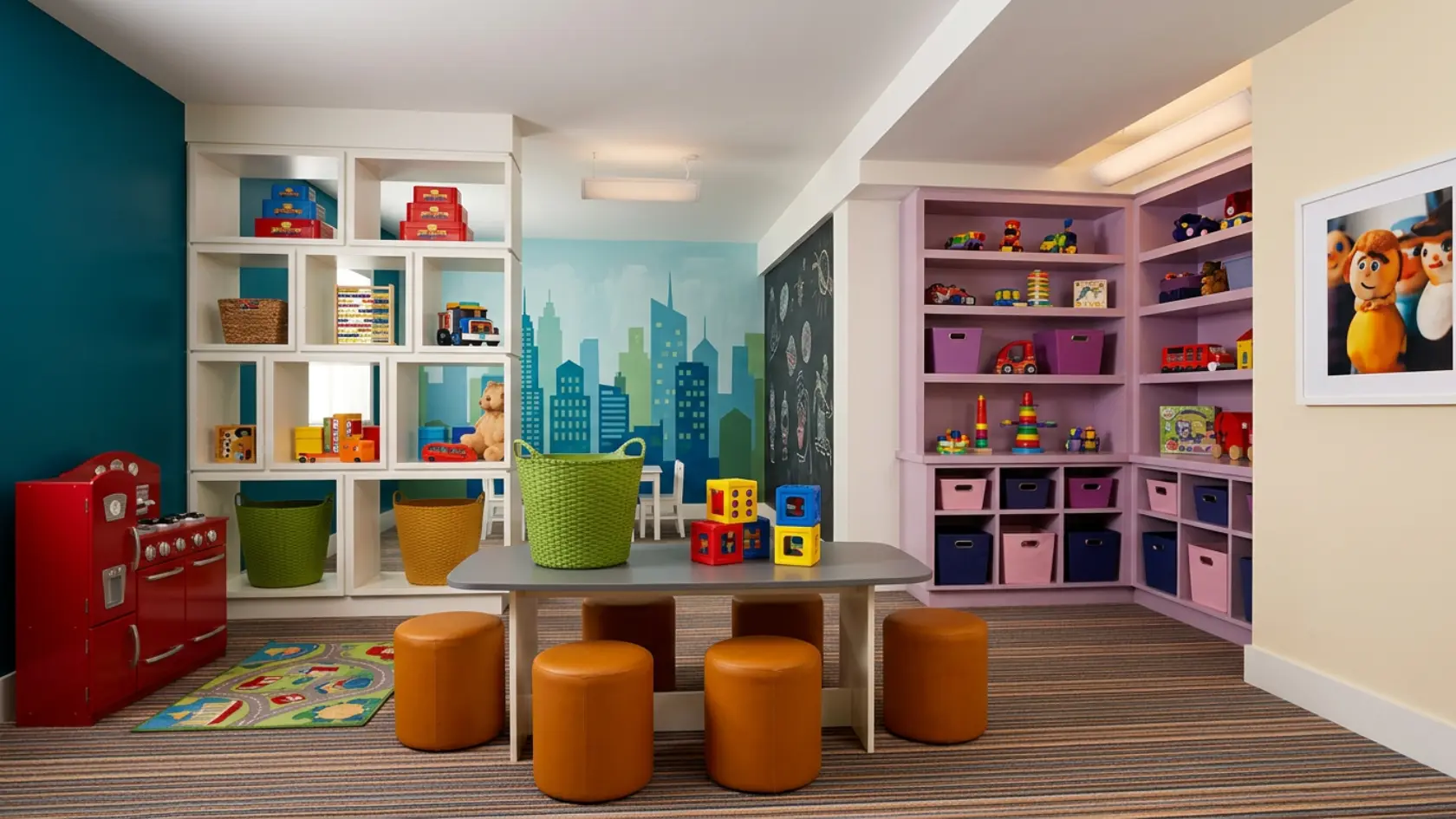 Basement kids playroom with cubby shelves, toy storage bins, small table with stools, and colorful wall decor