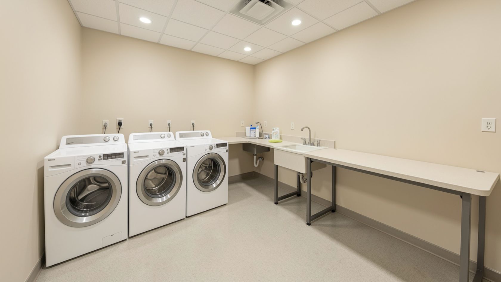 Basement laundry area with washer, dryer, sink, folding counter, and wall-mounted fold-down table