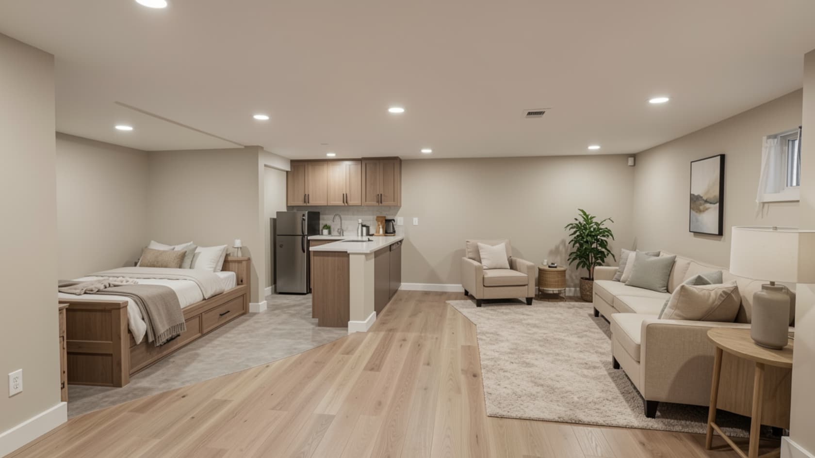 Basement living room with sofas, TV, storage units, and hard flooring in an open layout (1)