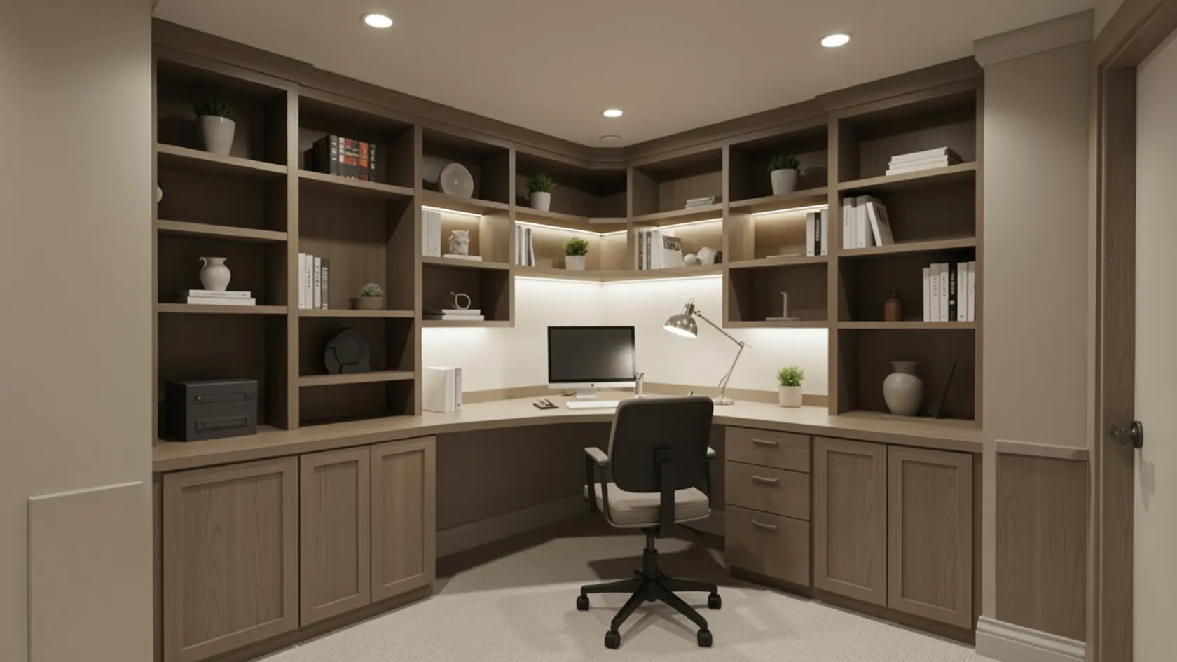 Basement office with built-in desk, shelves, and multiple lighting sources including overhead and desk lamp