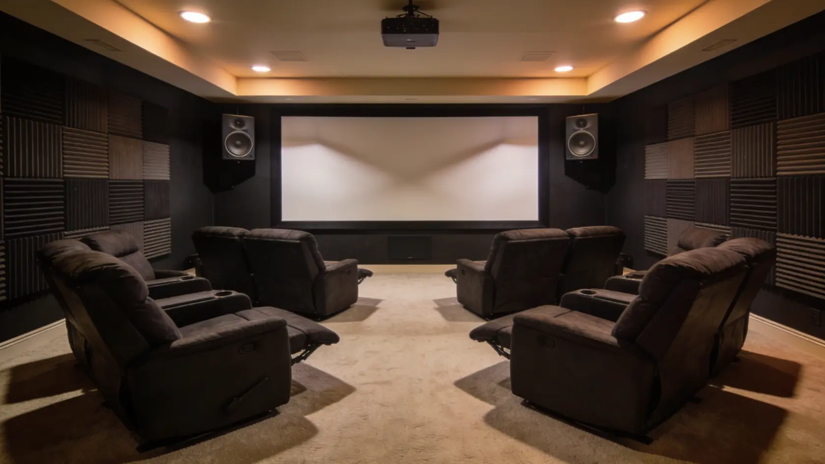 Basement room with projector screen, recliners, dark walls, and acoustic panels on side walls