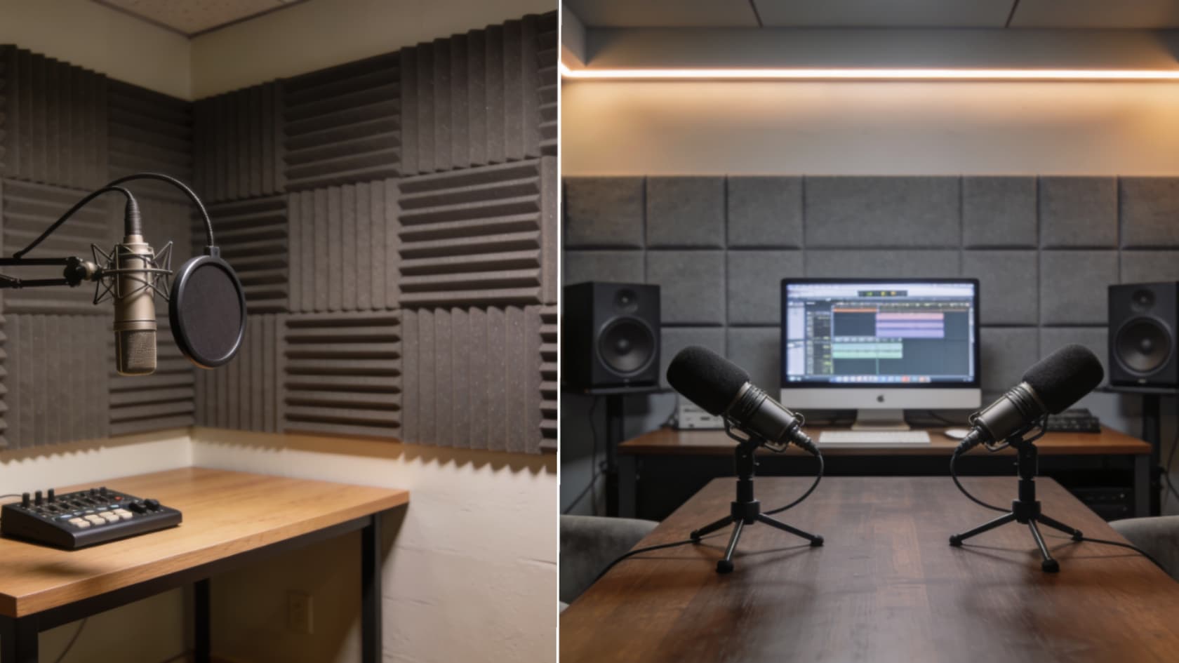 Basement studio with foam panels on walls, desk, microphone, and audio equipment setup and podcast set up