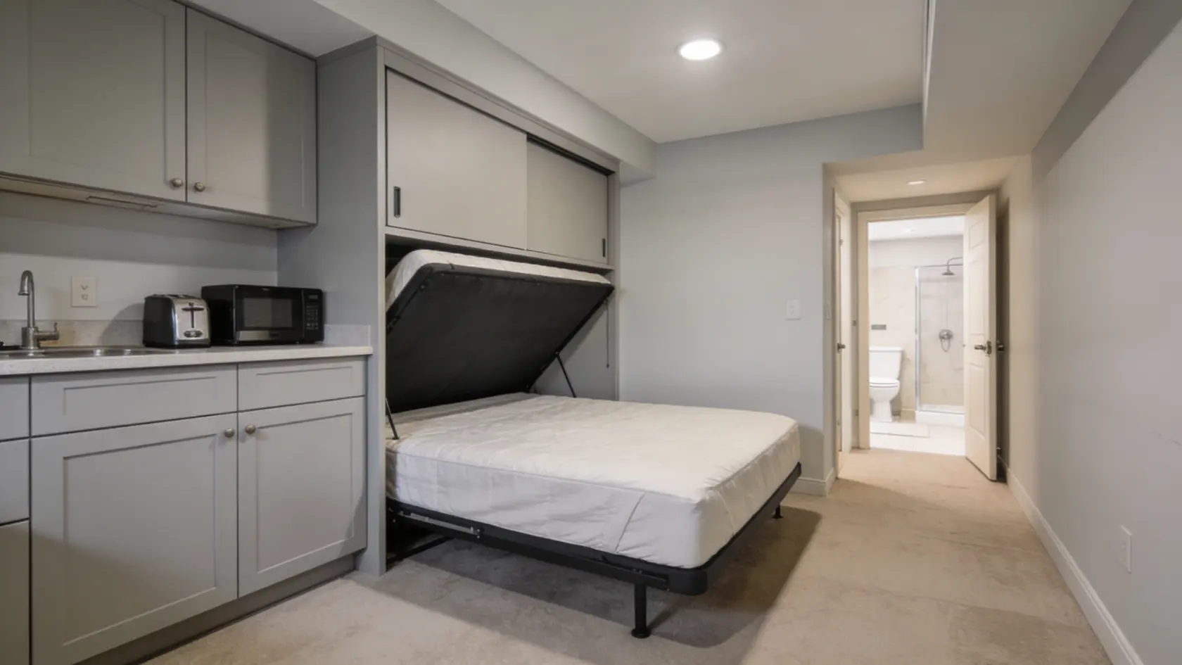 Basement studio with Murphy bed, small kitchen area, seating space, and bathroom door