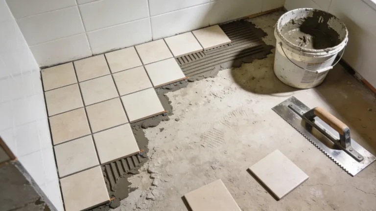 Bathroom floor with tiles partially installed and tools placed nearby during installation process