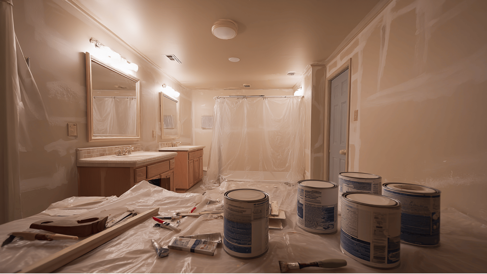 Bathroom interior with fresh wall paint, protective sheets, rollers, and painting supplies near fixtures.