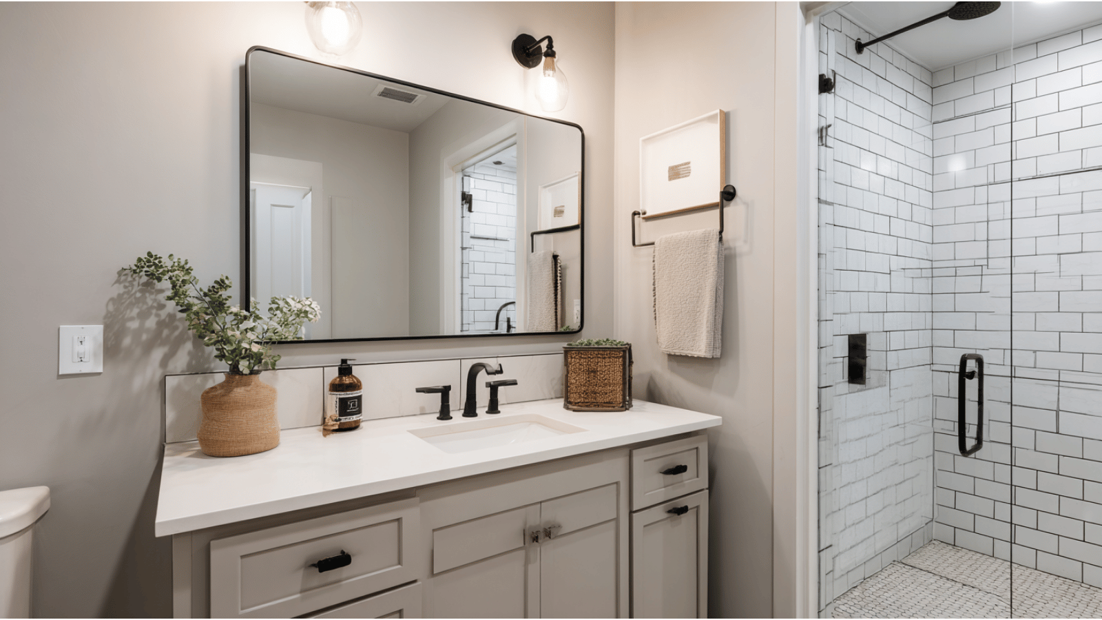 Bathroom with Agreeable Gray walls, subway tiles, black fixtures, and a bright clean appearance