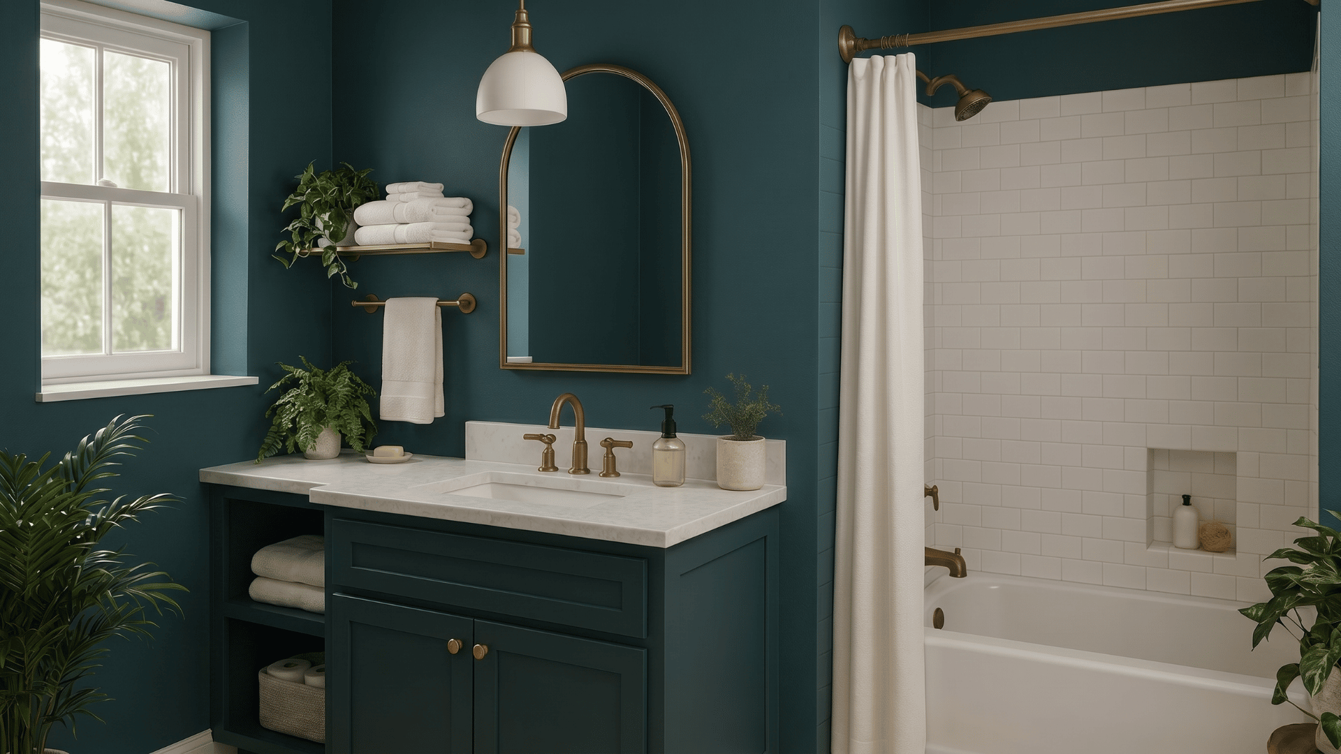 Bathroom with deep blue-green walls, a matching vanity, brass fixtures, white tile shower, and soft natural lighting.