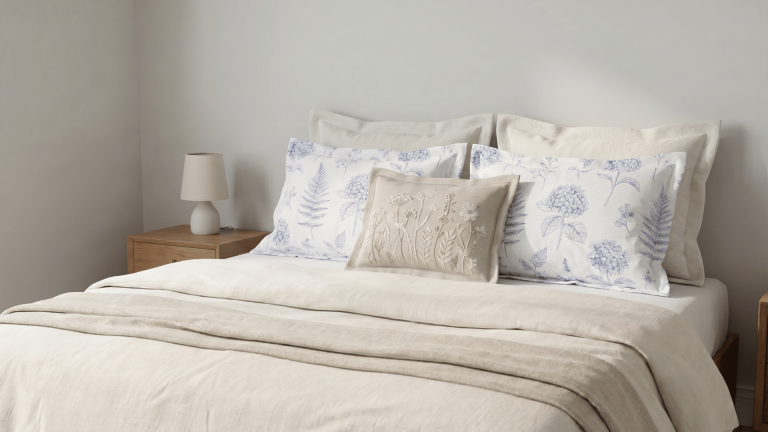 bed-with-beige-linens-and-pillows-featuring-blue-floral-pattern-pillow-shams-and-an-embroidered-accent-pillow
